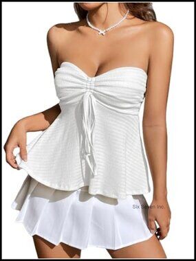 Women's Tie Front Ruched Tube Top Y2K Strapless Peplum Cami
